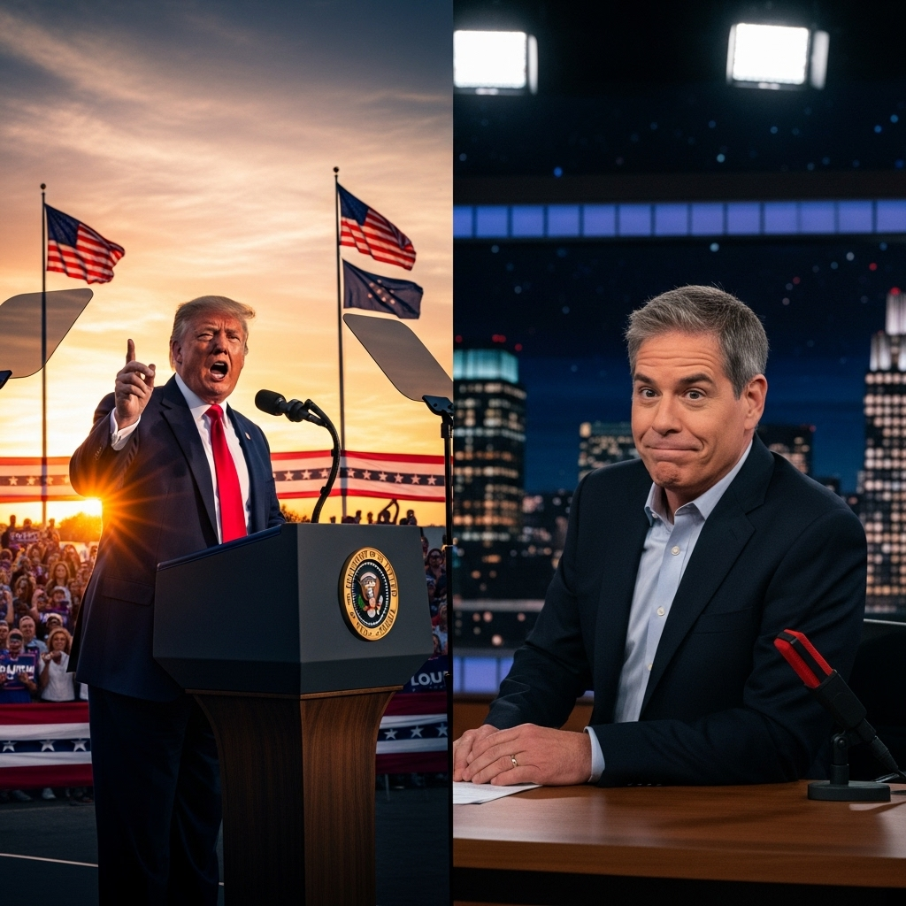 Greg Gutfeld: 1 Take on Trump's 'Funny' Problem Solving 4 A split screen image showing Donald Trump at a rally on one side and Greg Gutfeld on his TV show set on the other.