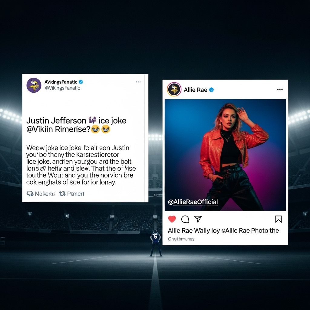 Justin Jefferson Ice Joke & 1 Sizzling Allie Rae Shoot 4 A split-screen social media post graphic showing a tweet about the justin jefferson ice joke next to a post about Allie Rae's photoshoot.