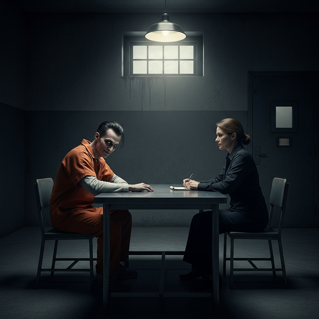26 women: Serial killer's shocking claim in new doc 2 A stark, shadowy image of a prison interview room, where a serial killer made the shocking claim about 26 women.