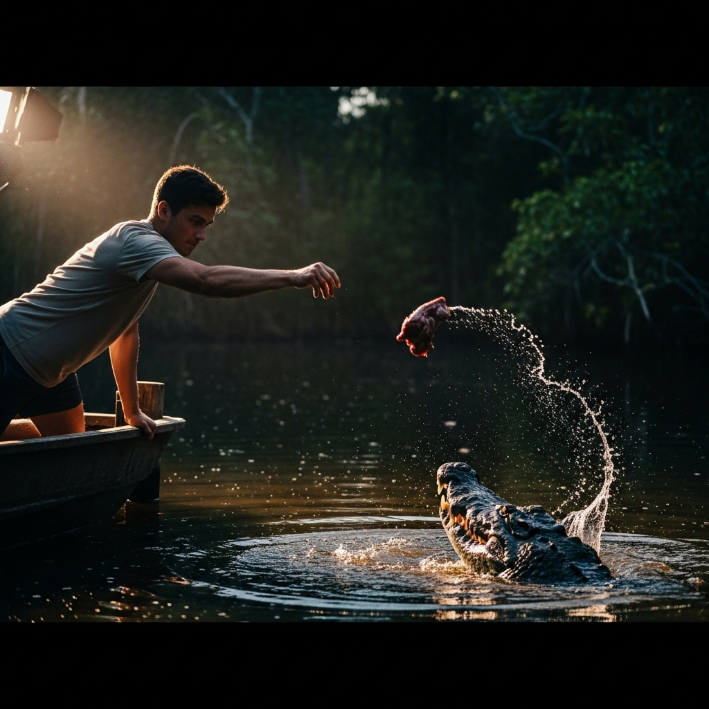 US influencer's 3 croc videos spark an investigation 2 A still frame from a video showing the US influencer throwing food towards a large crocodile in the water.