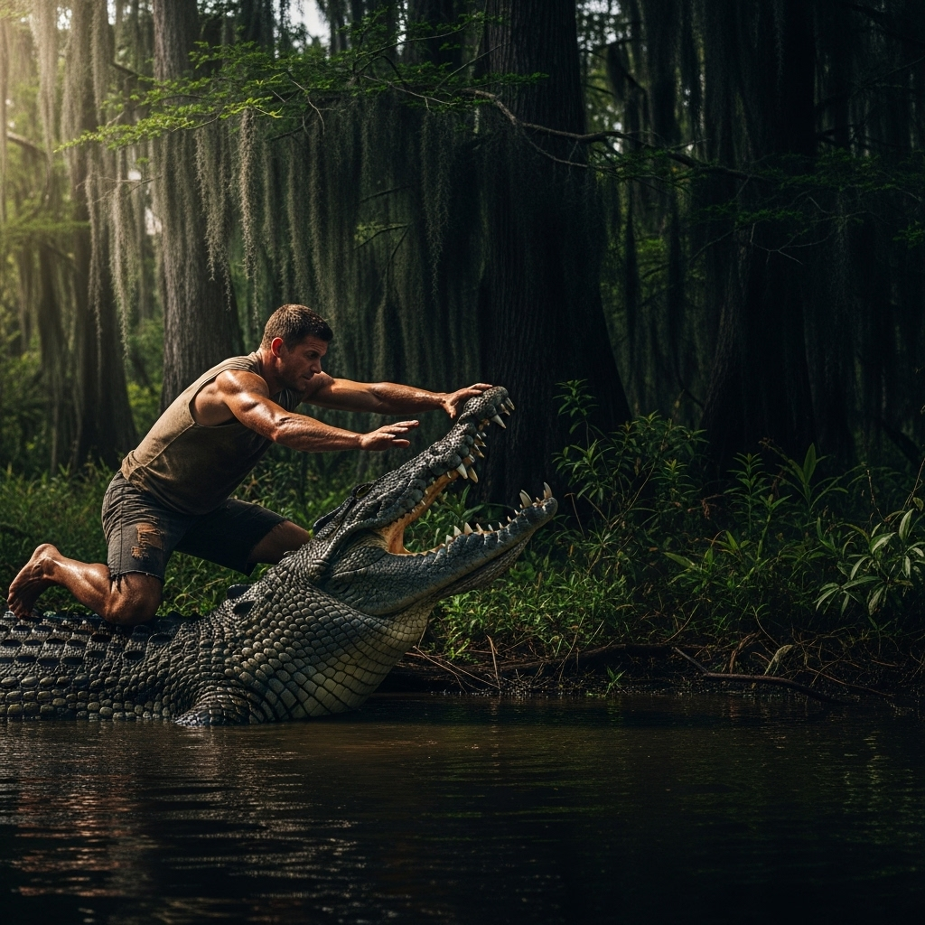 Wild Croc Wrestling Videos: 1 Influencer Investigated 2 A still frame from the controversial wild croc wrestling videos showing a person near a large crocodile.