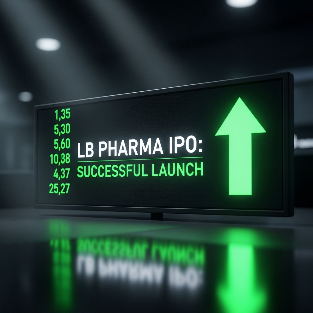1st Biotech IPO Since February: LB Pharma Upsizes Deal 4 A stock market ticker screen showing the successful 1st biotech IPO of LB Pharma with a green upward arrow.