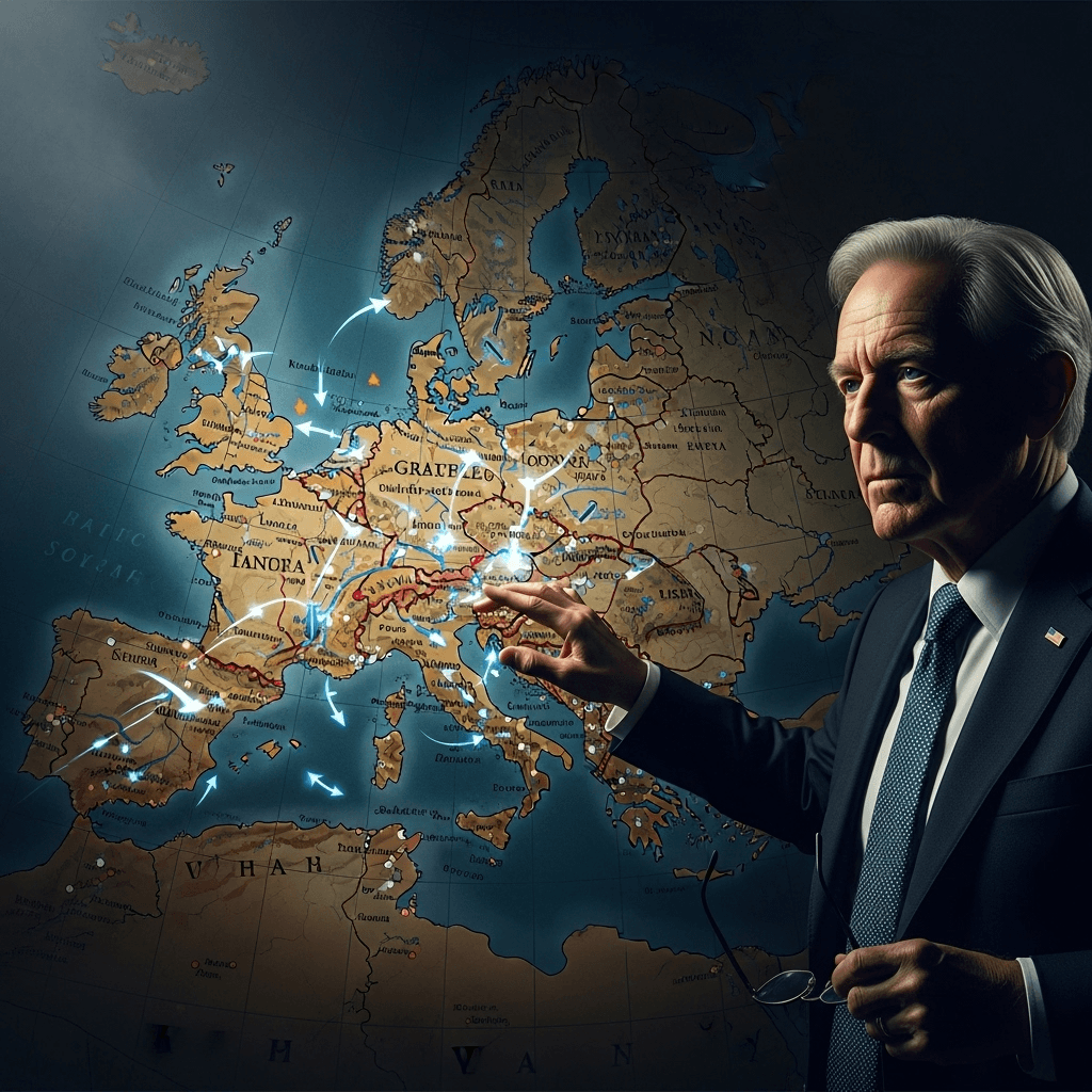 Former US VP: 1 Big Warning on Russia Crossing NATO Border 2 A strategic map of Europe with a former US VP in the foreground, indicating geopolitical expertise.
