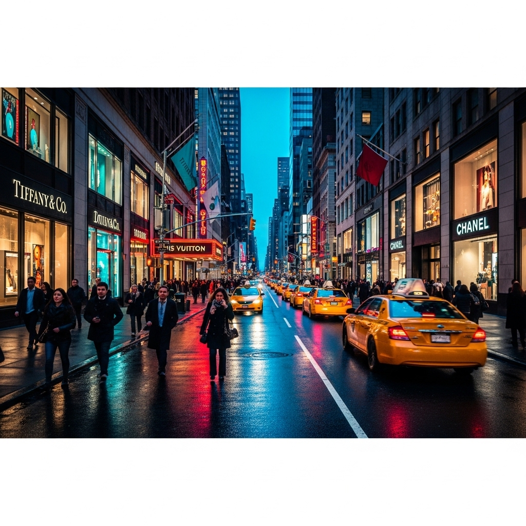 57th Street: A Guide to 10 of NYC's Best Spots 4 A street-level view of the luxury storefronts and crowds on 57th street.