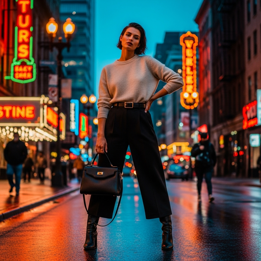 dressed-up downtown cool: 7 looks for your next night out 3 A street style shot of a woman wearing a cream cashmere sweater and black wide-leg trousers, embodying dressed-up downtown cool.