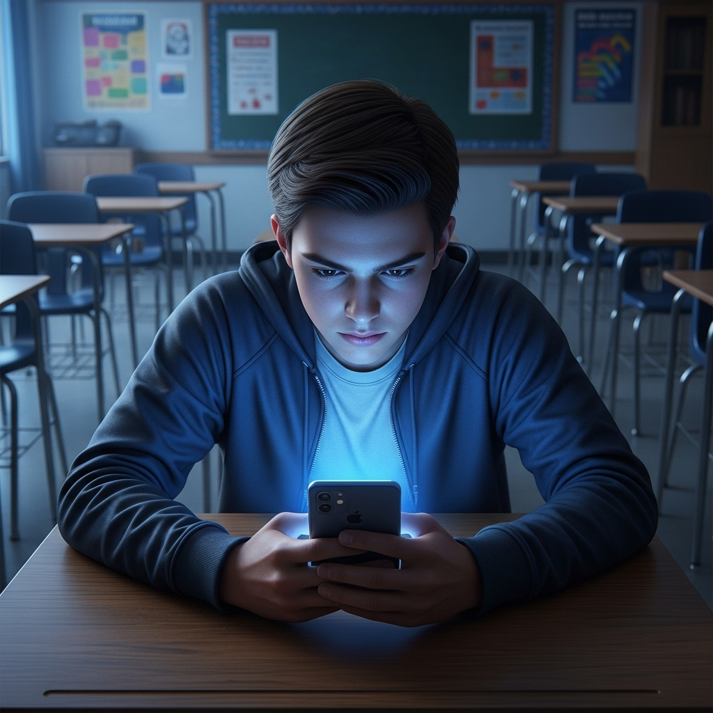 k-12 schools: 5 Key Issues in Antisemitism Hearing 4 A student looking at a smartphone, illustrating the influence of social media on k-12 schools.