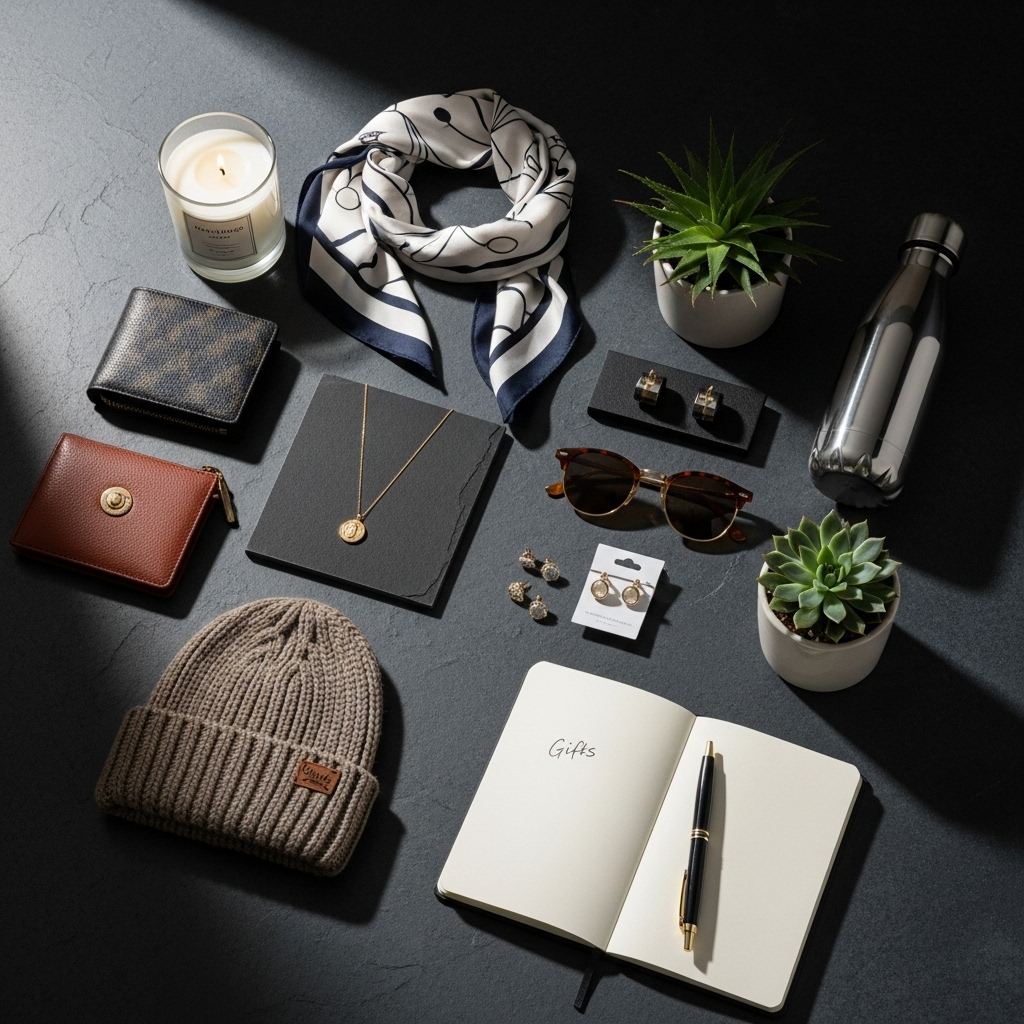 Gift Guides: 5 Top Insights from Substack Fashion Stars 3 A stylish flat-lay of products for a fashion gift guide, showcasing a smart mix of luxury and affordable items.
