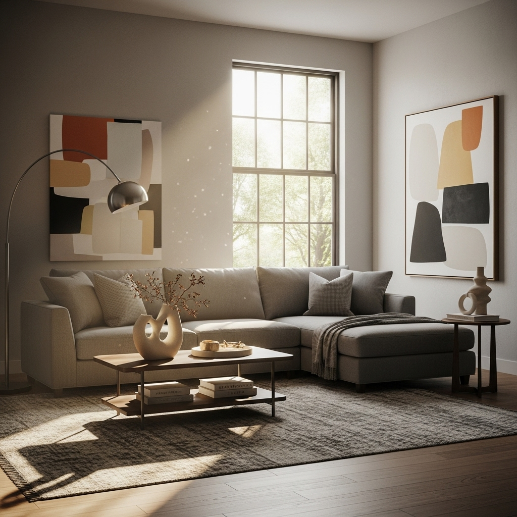 up to 78% Off: Wayfair's 48-Hour Sale on Furniture 2 A stylish modern living room featuring a gray sectional sofa available in Wayfair's sale with discounts up to 78%.