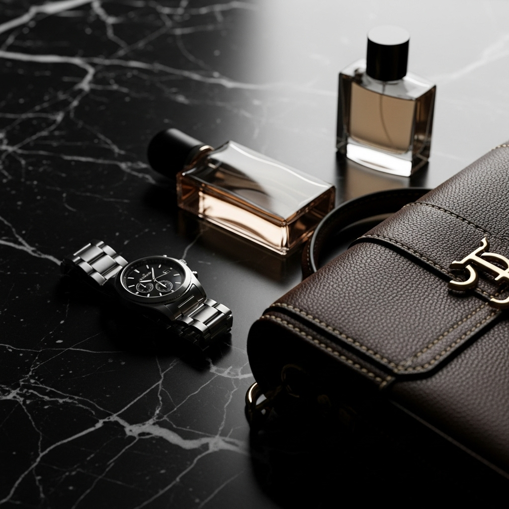 Luxury Shopping: 5 Ways the R.Lux App Redefines It 2 A stylized flat-lay of luxury shopping items like a watch, perfume, and a designer bag on a marble surface.