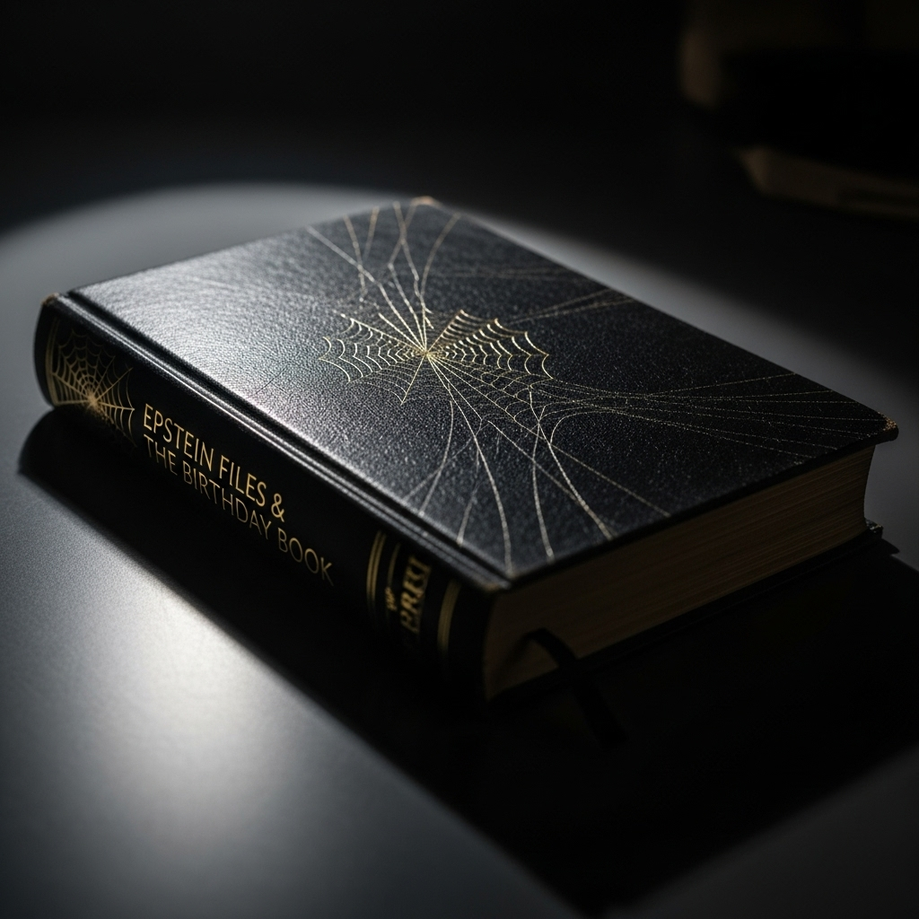 New Epstein Files: 5 Key Details From the 'Birthday Book' 2 A stylized image of a black book, representing the new epstein files and the birthday book.