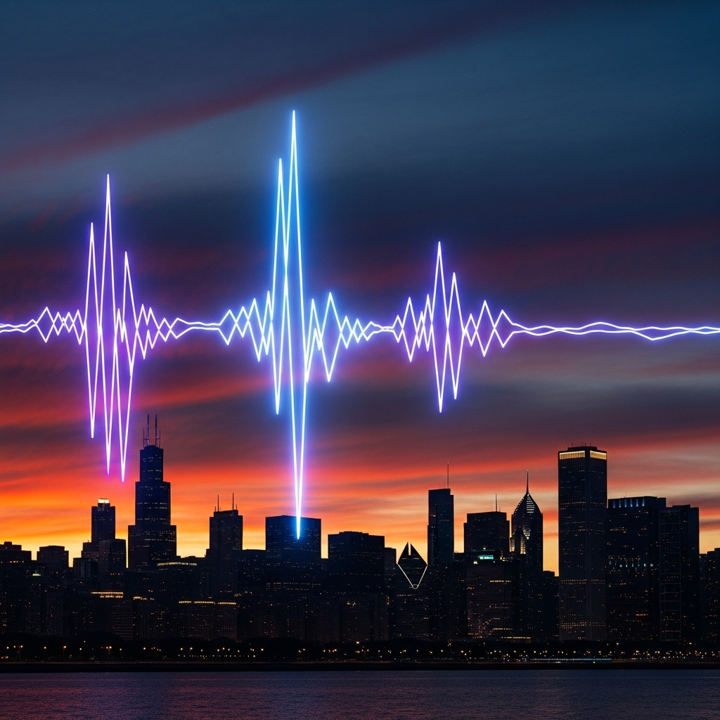 Electric Tone: 1 Anthem Sends Bears Fans Into a Frenzy 2 A stylized image of sound waves creating an electric tone over a silhouette of the Chicago skyline.