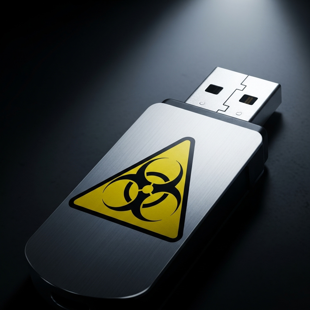 Foreign Films Lead to 7+ Executions in North Korea: UN 2 A stylized image showing a USB drive labeled with a biohazard symbol, representing the danger of possessing foreign films in North Korea.