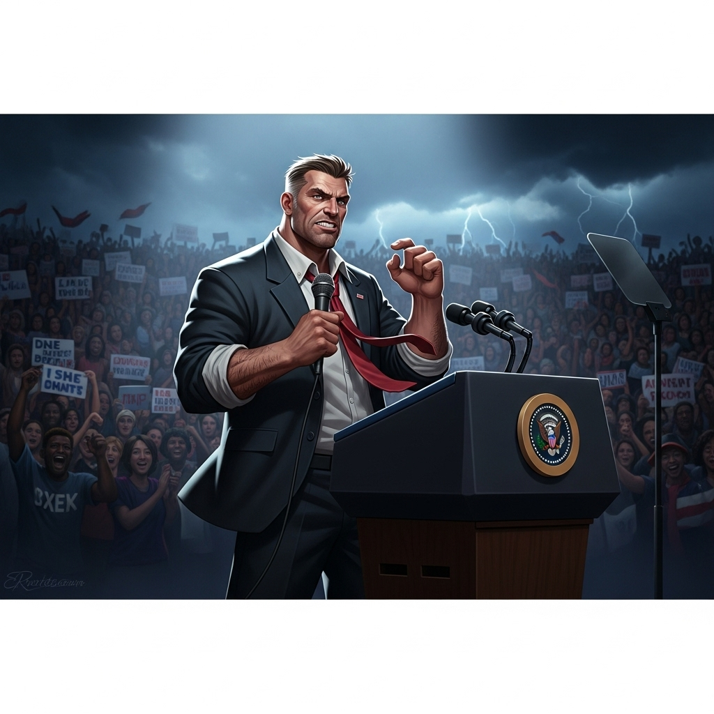 This 'tough guy' president: 5 ways he's silencing rivals 2 A stylized image showing this 'tough guy' president standing at a podium with a crowd in the background.