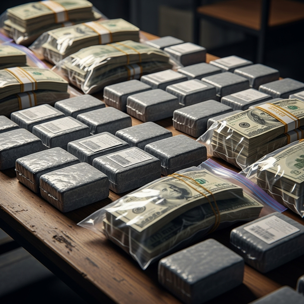 Huge Drugs Bust: 50 Arrested on Cocaine 'Superhighway' 3 A table displaying seized bricks of cocaine and bags of cash from the drug bust.