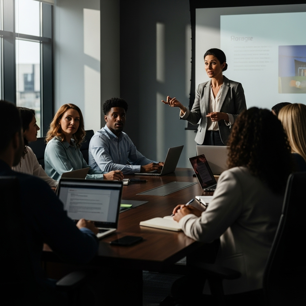 k-12 schools: 5 Key Issues in Antisemitism Hearing 3 A teacher leading a professional development session for educators in a k-12 schools conference room.
