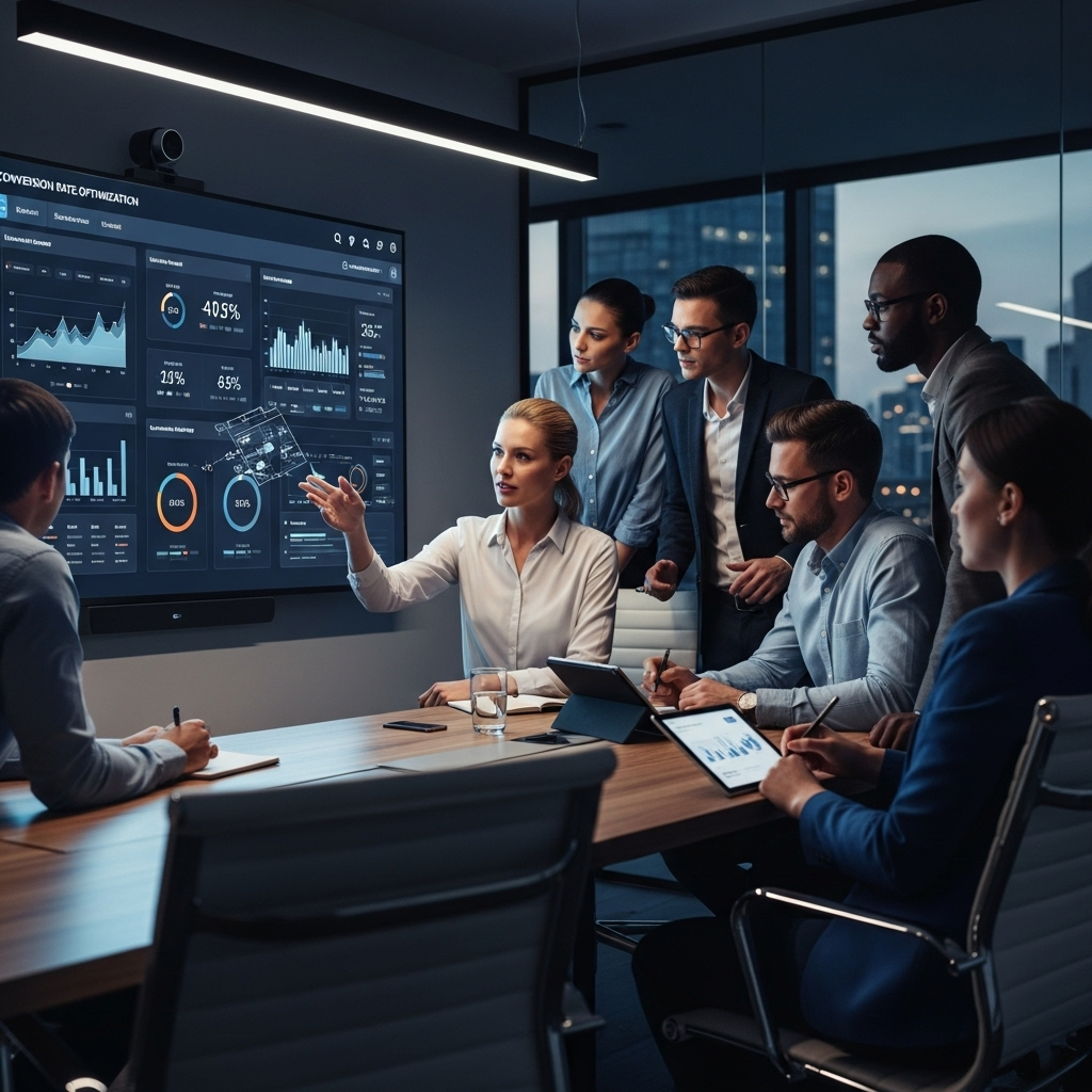 CRO's Services: PhaseV Adds 1 New AI Optimization Tool 4 A team of marketing professionals in a meeting discussing a dashboard, representing the strategic side of cro's services.