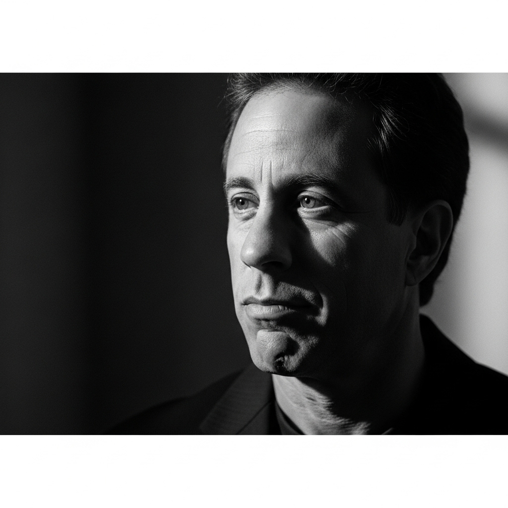 Jerry Seinfeld: 1 Fiery Take on 'Free Palestine' Movement 4 A thoughtful black and white portrait of Jerry Seinfeld, looking away from the camera.