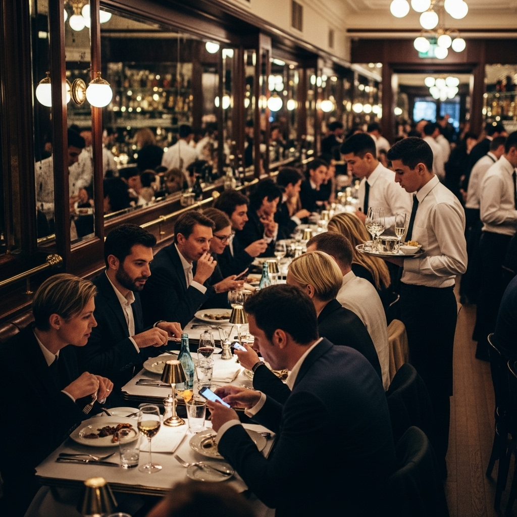 nyfw dinner: 10 Exclusive Spots for Models & A-Listers 3 A vibrant brasserie scene during a busy nyfw dinner, with fashionably dressed patrons at crowded tables.