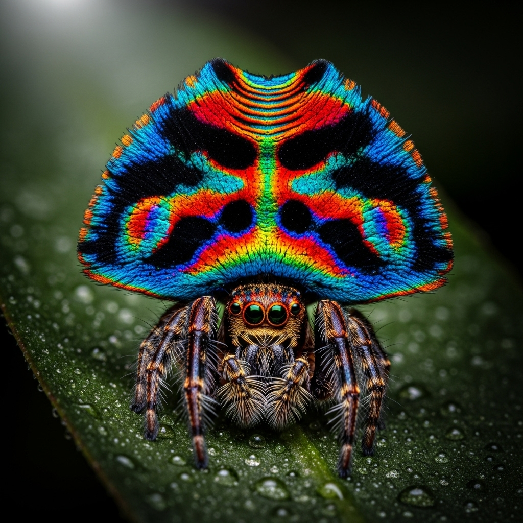 New species: 2 dancing spiders unlock evolution's key 2 A vibrant, close-up photo of the new species Maratus incredibilis, a peacock spider with its colorful abdomen flap displayed.