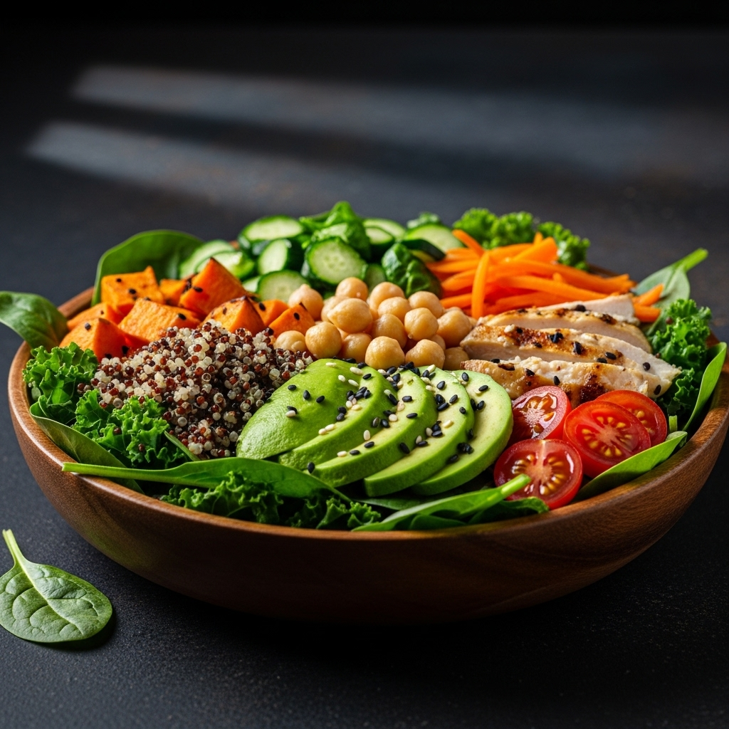 Delicious recipes: 10 Power Foods for Eating Better Today 2 A vibrant salad featuring kale and spinach, illustrating delicious recipes with power foods.