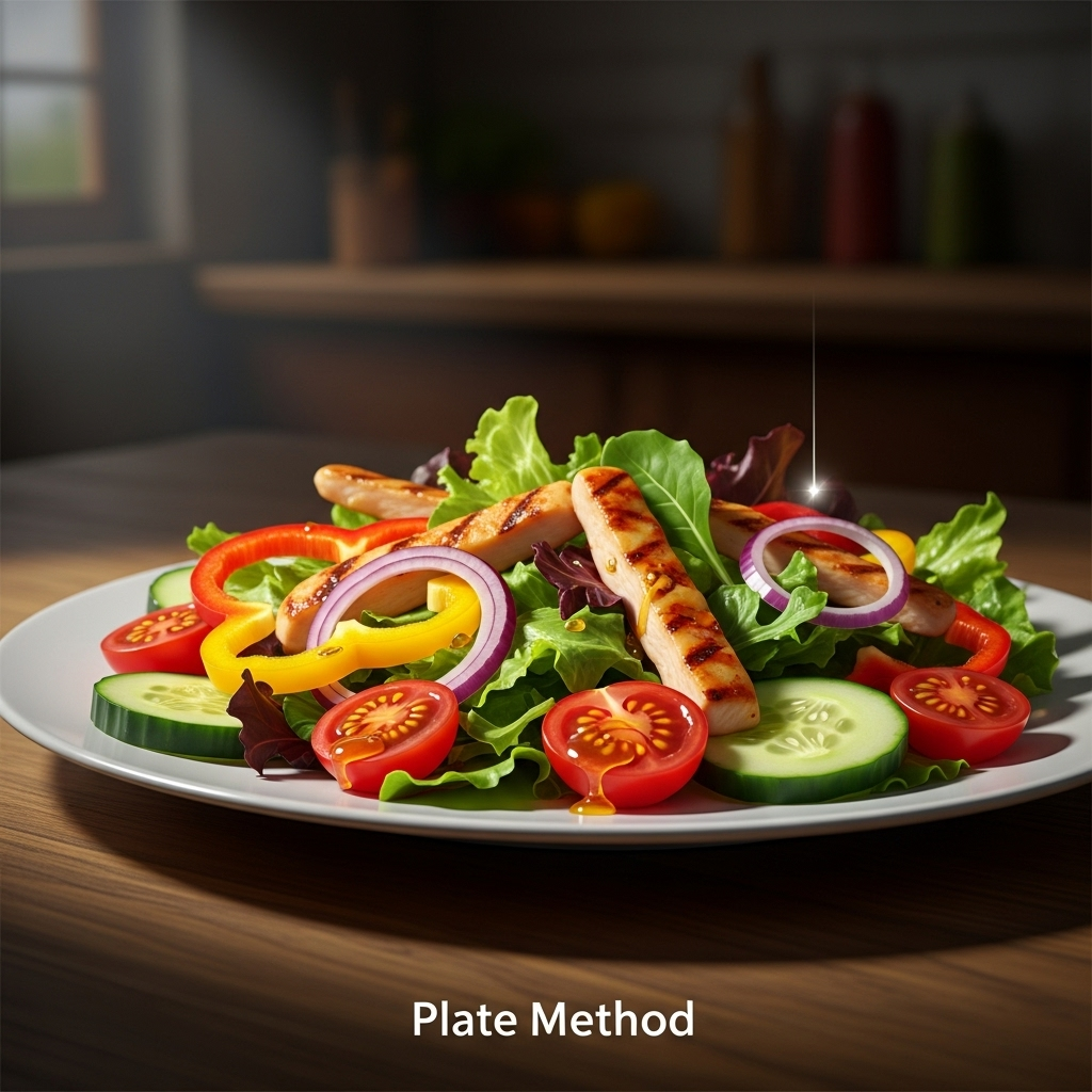 Juicy Secrets: 11 Recipes & Tips for Eating Better Now 2 A vibrant salad on a plate, illustrating the juicy secrets of the Plate Method.