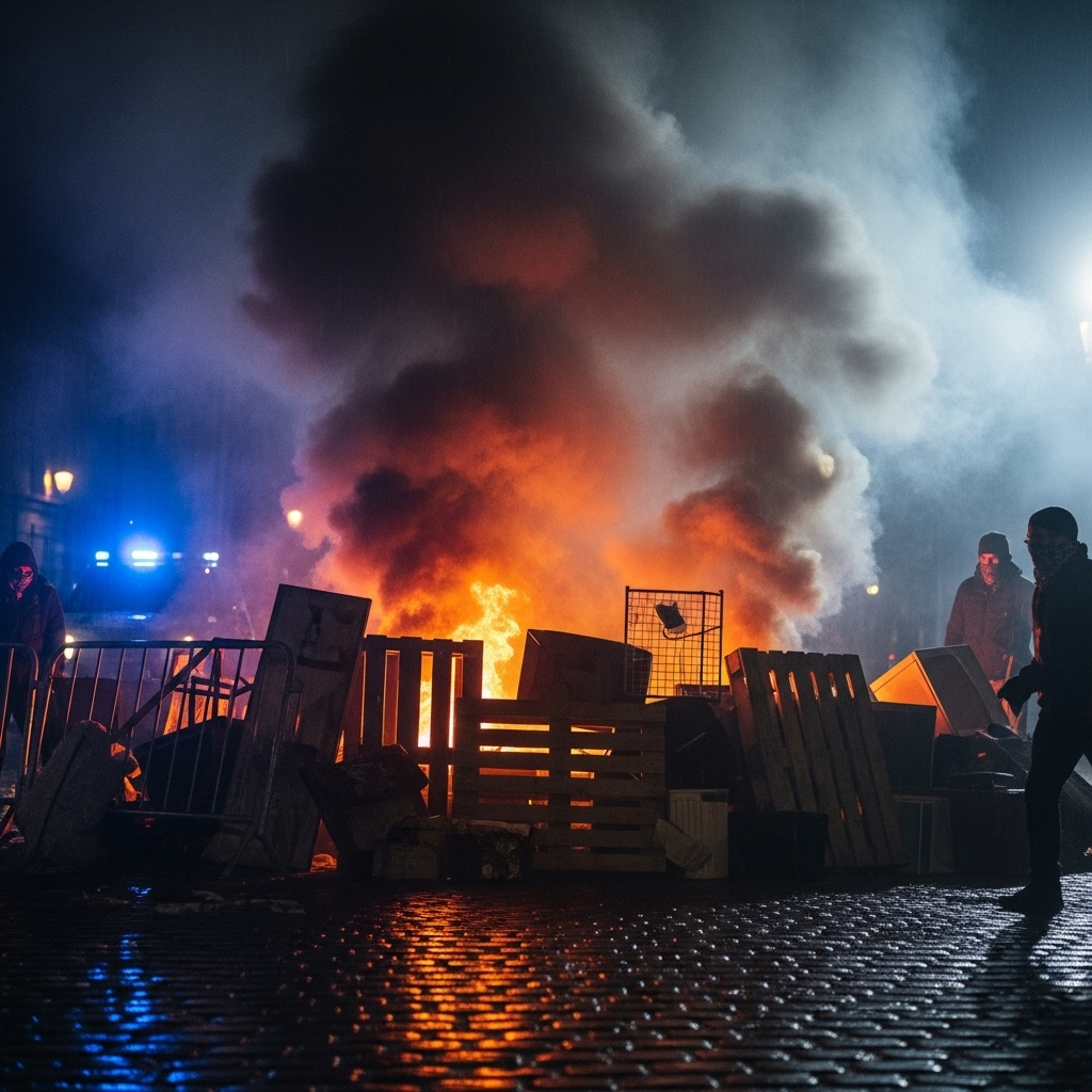 'Block everything' protests: Over 100 arrested in France 4 A view of a barricade with smoke during the French 'block everything' protests at night.