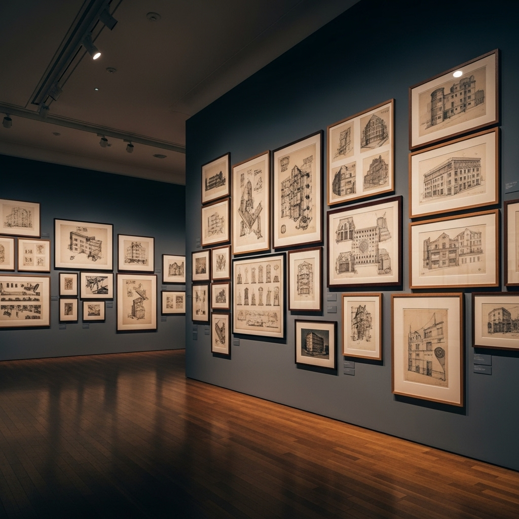 Storied Collector Barbara Jakobson, MoMA Icon, Dies at 92 4 A view of a gallery wall featuring architectural drawings, representing the collection of storied collector Barbara Jakobson.