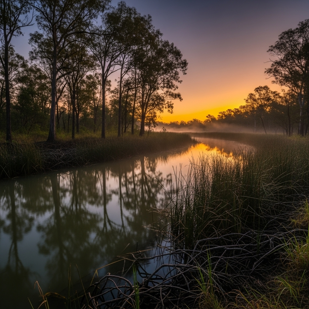 Wild Croc Wrestling Videos: 1 Influencer Investigated 4 A view of a tranquil Australian waterway, the type of habitat where the wild croc wrestling videos were filmed.