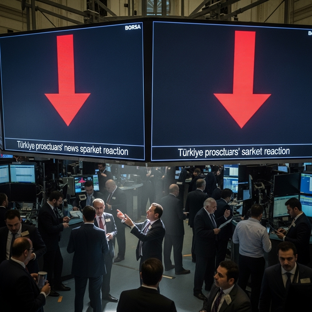 Turkiye Prosecutors Seize 1 Media Giant in Fraud Probe 4 A view of the Borsa Istanbul stock exchange floor, with red down arrows indicating a market reaction to the news from Turkiye prosecutors.