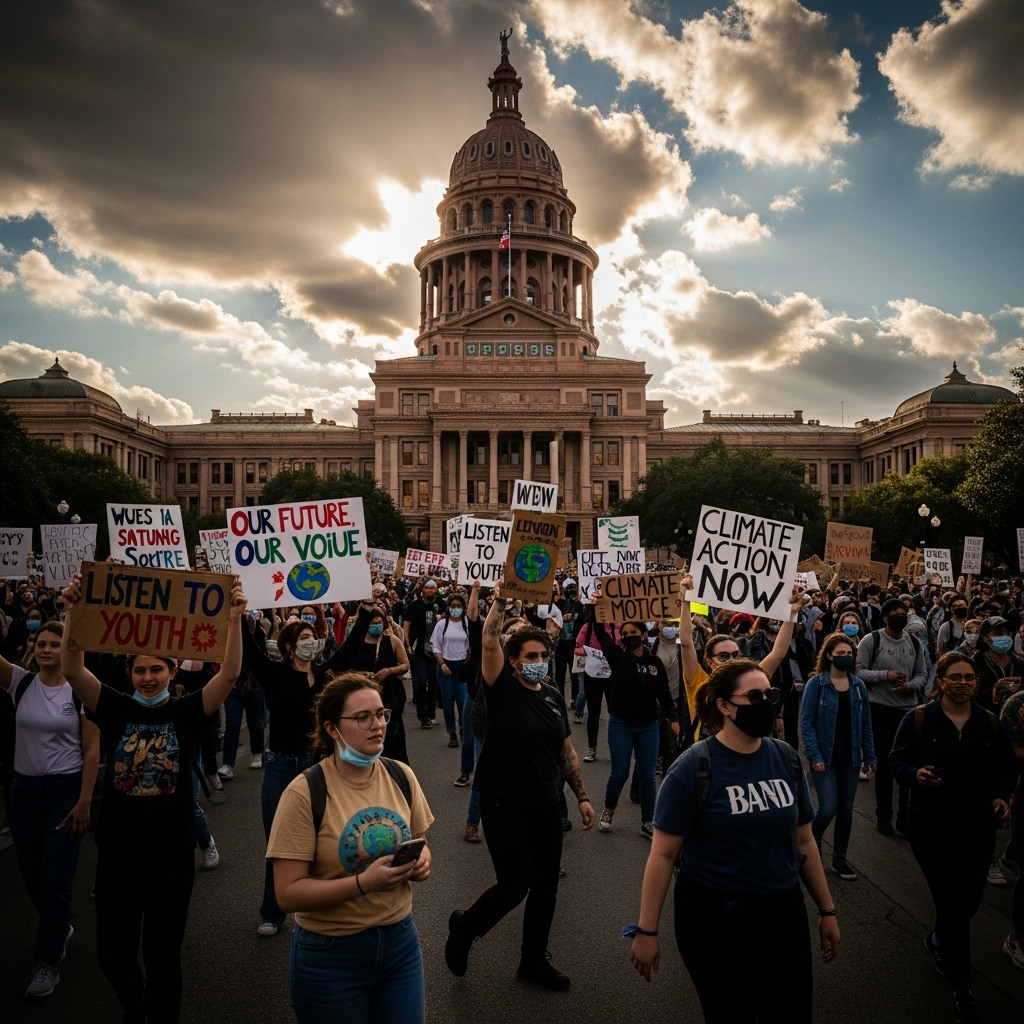 Government Buildings: 3 Cities Targeted by Gen Z Protests 3 A view of the Texas State Capitol with a crowd of Gen Z protestors focusing on government buildings.