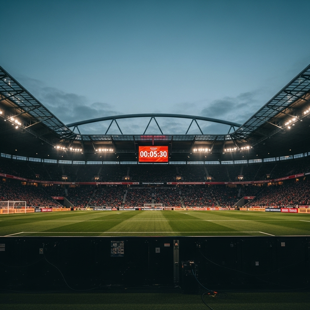 Kickoff time for Serbia vs England: Watch Euro 2024 Live 4 A view of the Veltins-Arena stadium in Germany, with a clock displaying the countdown to kickoff time.