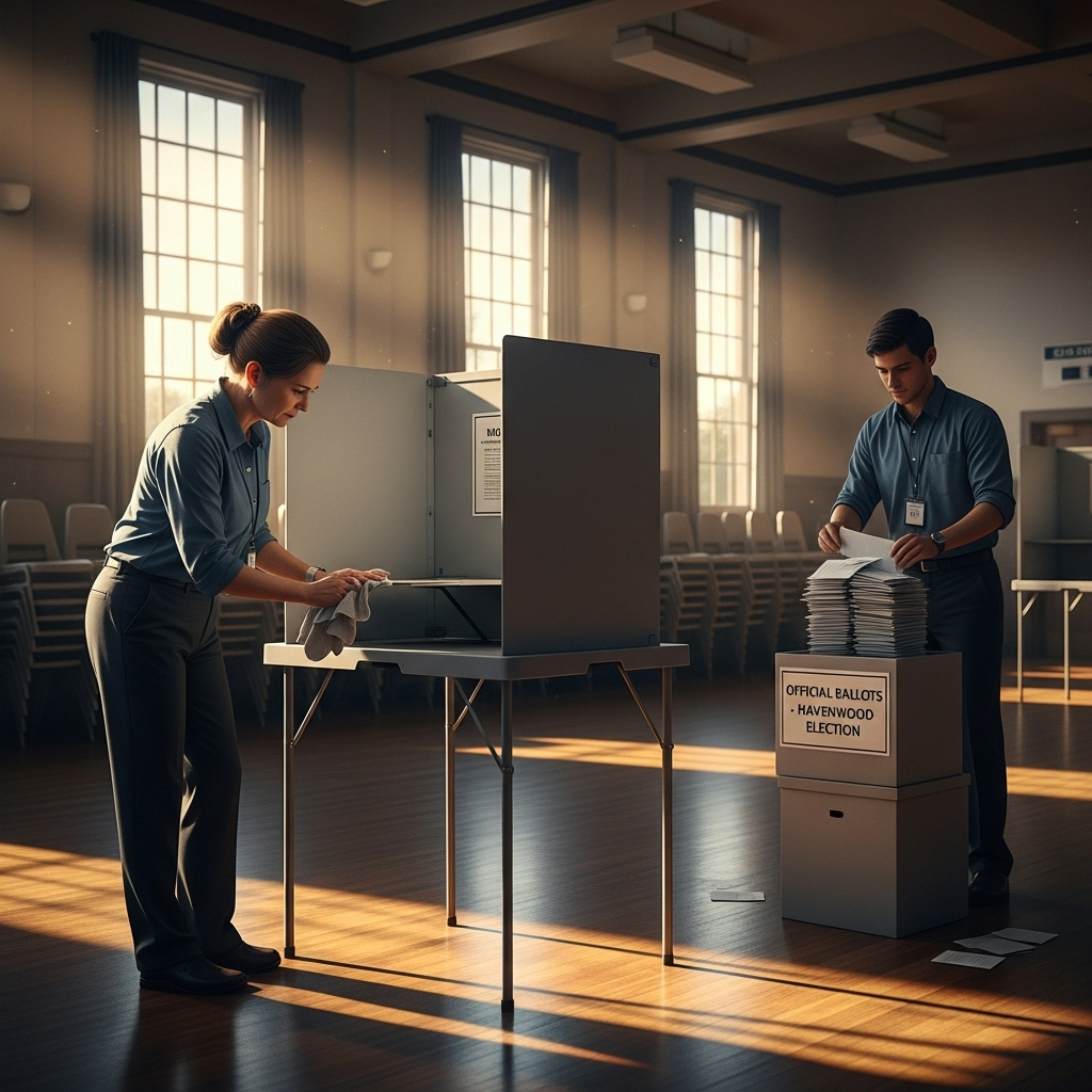 november election: 1 Mayor Advances Despite ICE Resistance 4 A voting booth being prepared for the pivotal november election in Havenwood.