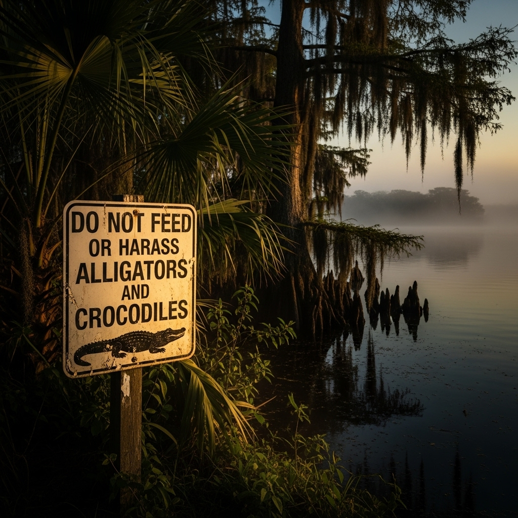 US influencer's 3 croc videos spark an investigation 4 A warning sign near a Florida waterway that says 'Do Not Feed or Harass Alligators and Crocodiles', relevant to the investigation into the US influencer.