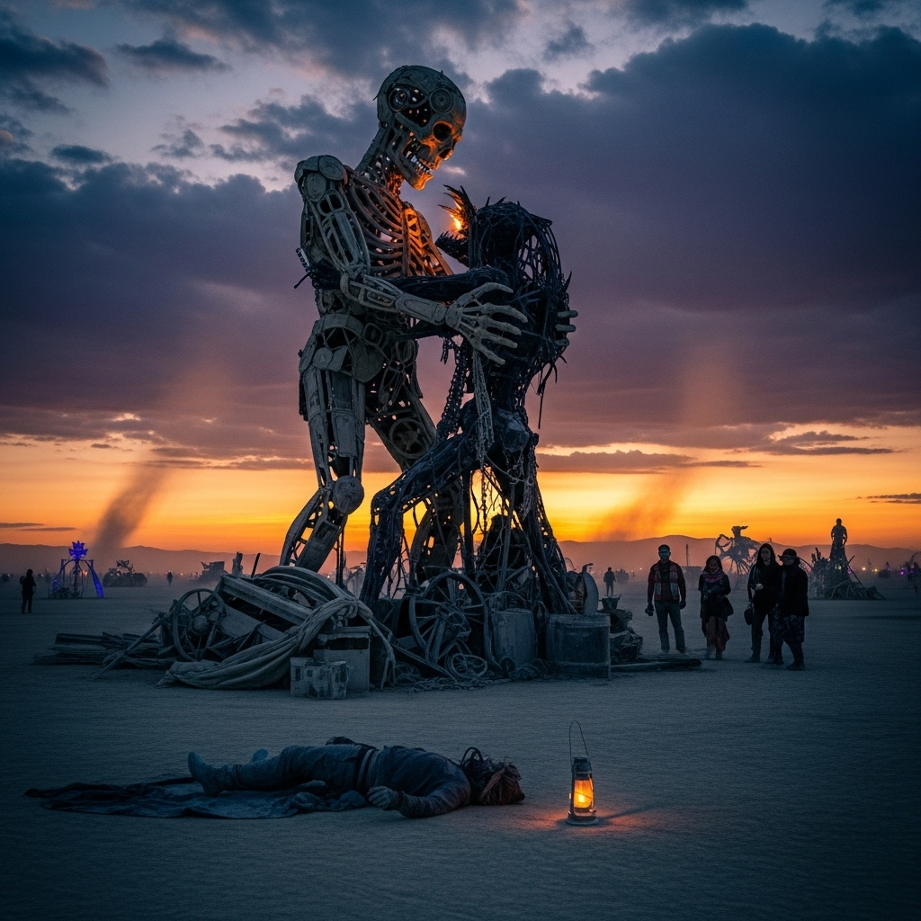 Chilling Encounter: 1 Burning Man Homicide Unsolved 2 A wide-angle shot of a massive art installation at Burning Man, where a chilling encounter led to a tragedy.