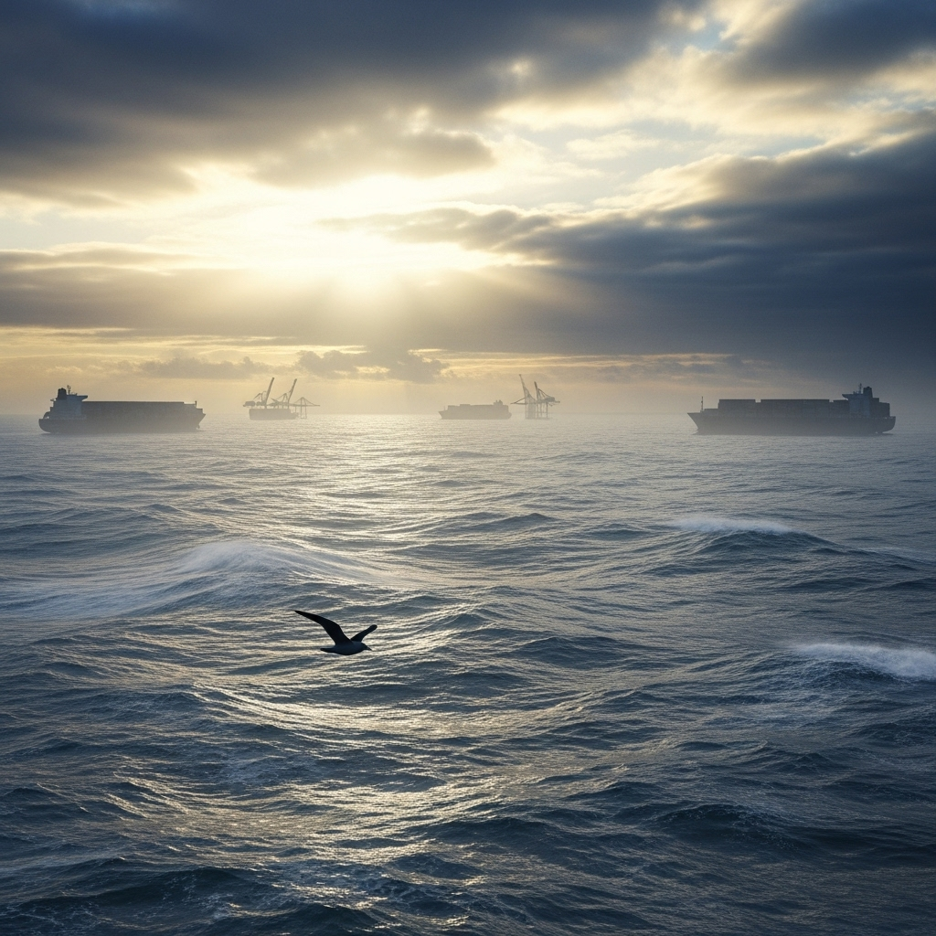 Two children, 1 adult die in failed Channel crossing 3 A wide-angle view of the English Channel with several large container ships visible.
