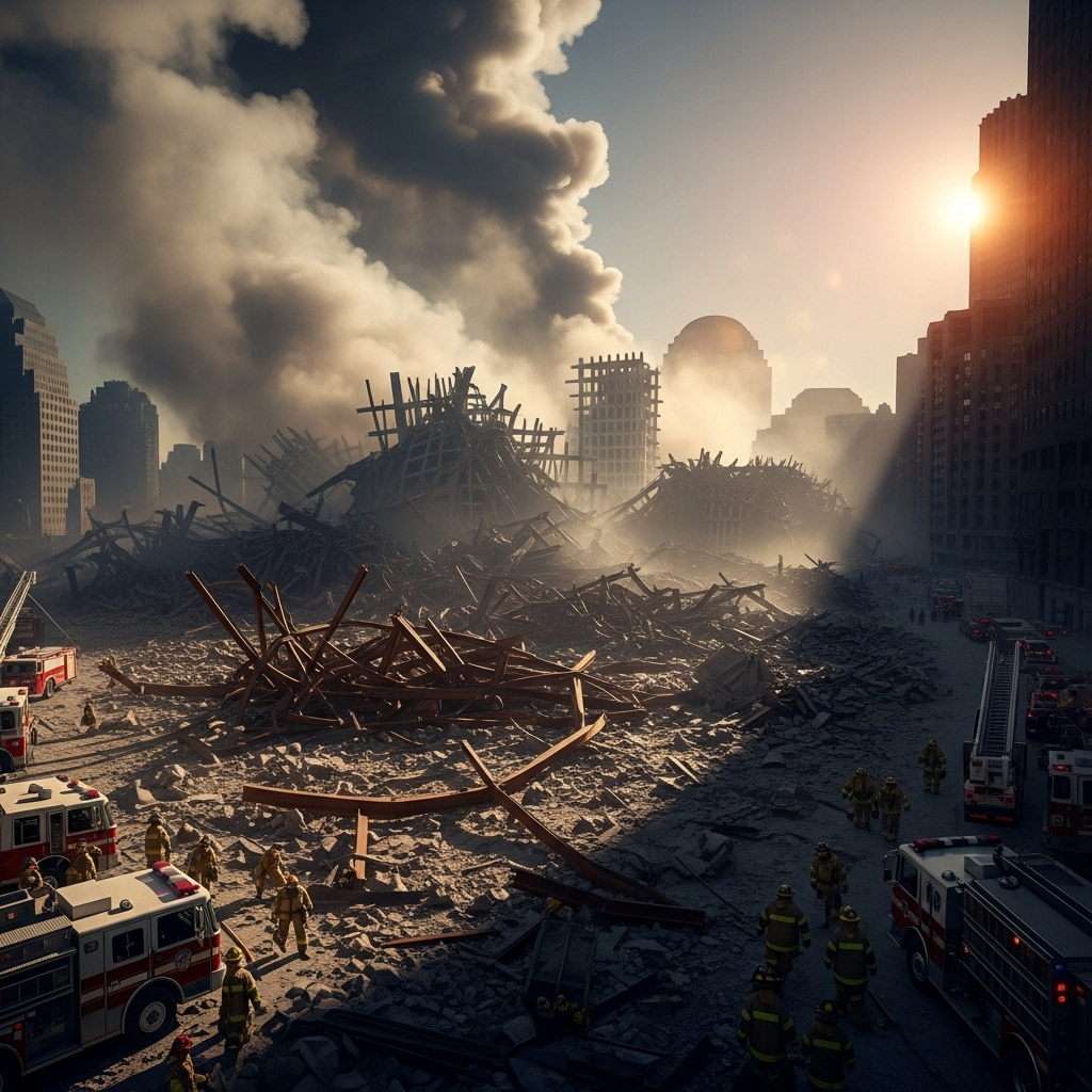 Ground Zero: Remembering the 2,977 Lives Lost on 9/11 2 A wide-angle view of the immediate aftermath at ground zero, with smoke rising from the rubble of the World Trade Center.