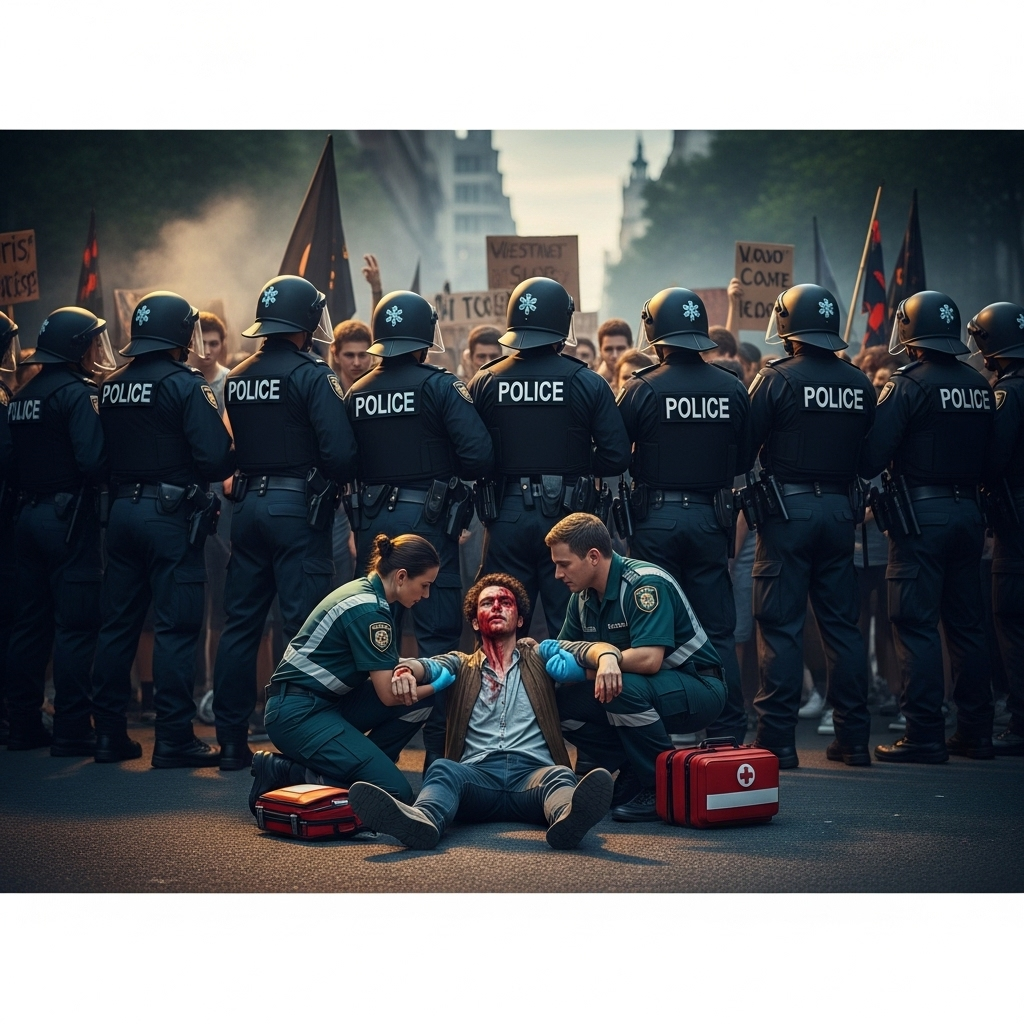 Injured Protester: 1 German Police Tactic Scrutinized 2 A wide-angle view showing police forming a circle around demonstrators, one injured protester is visible being helped by medics.