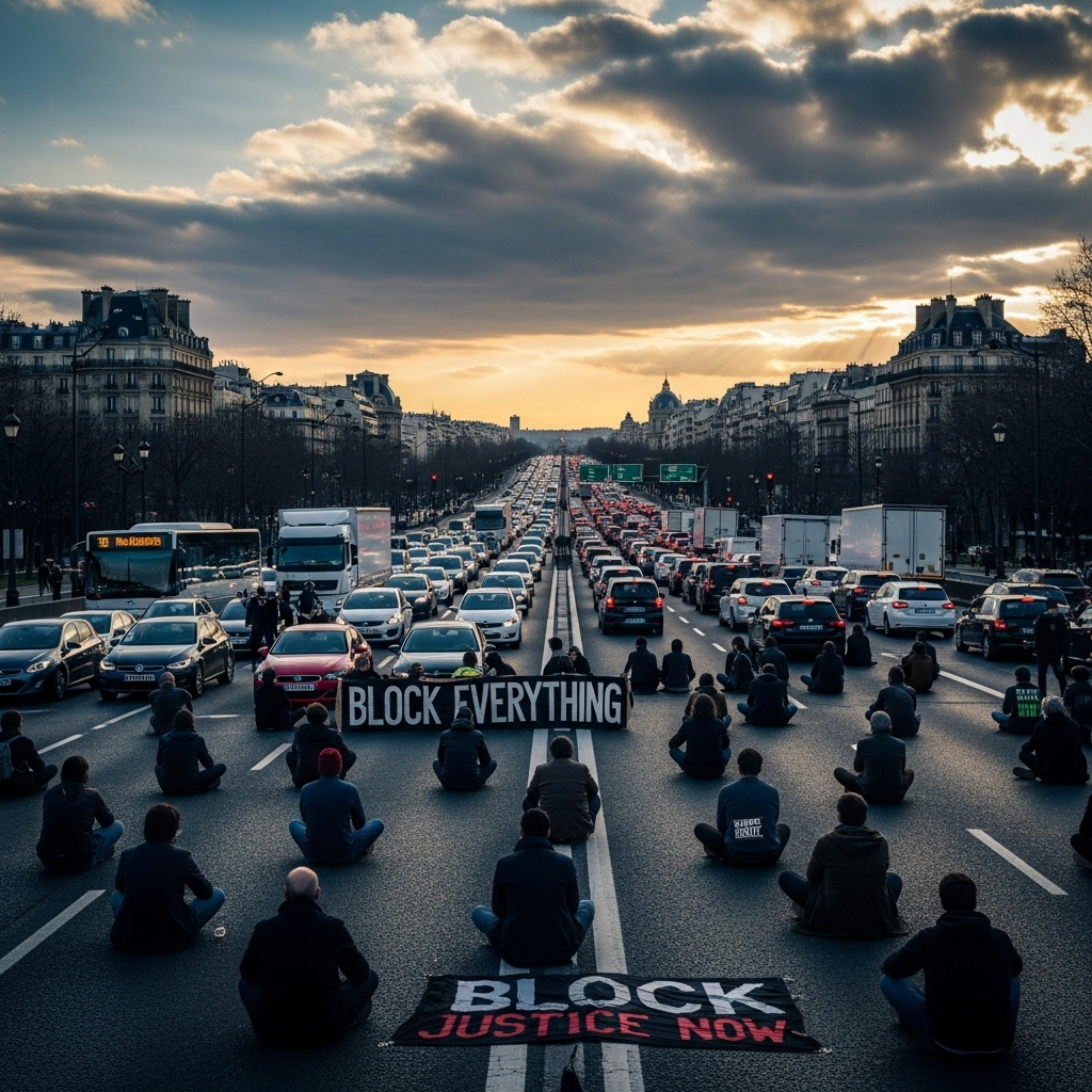 'Block Everything' Protests: 100s Arrested in France 2 A wide shot of activists from the 'block everything' protests sitting on a major Parisian highway, causing a massive traffic jam.