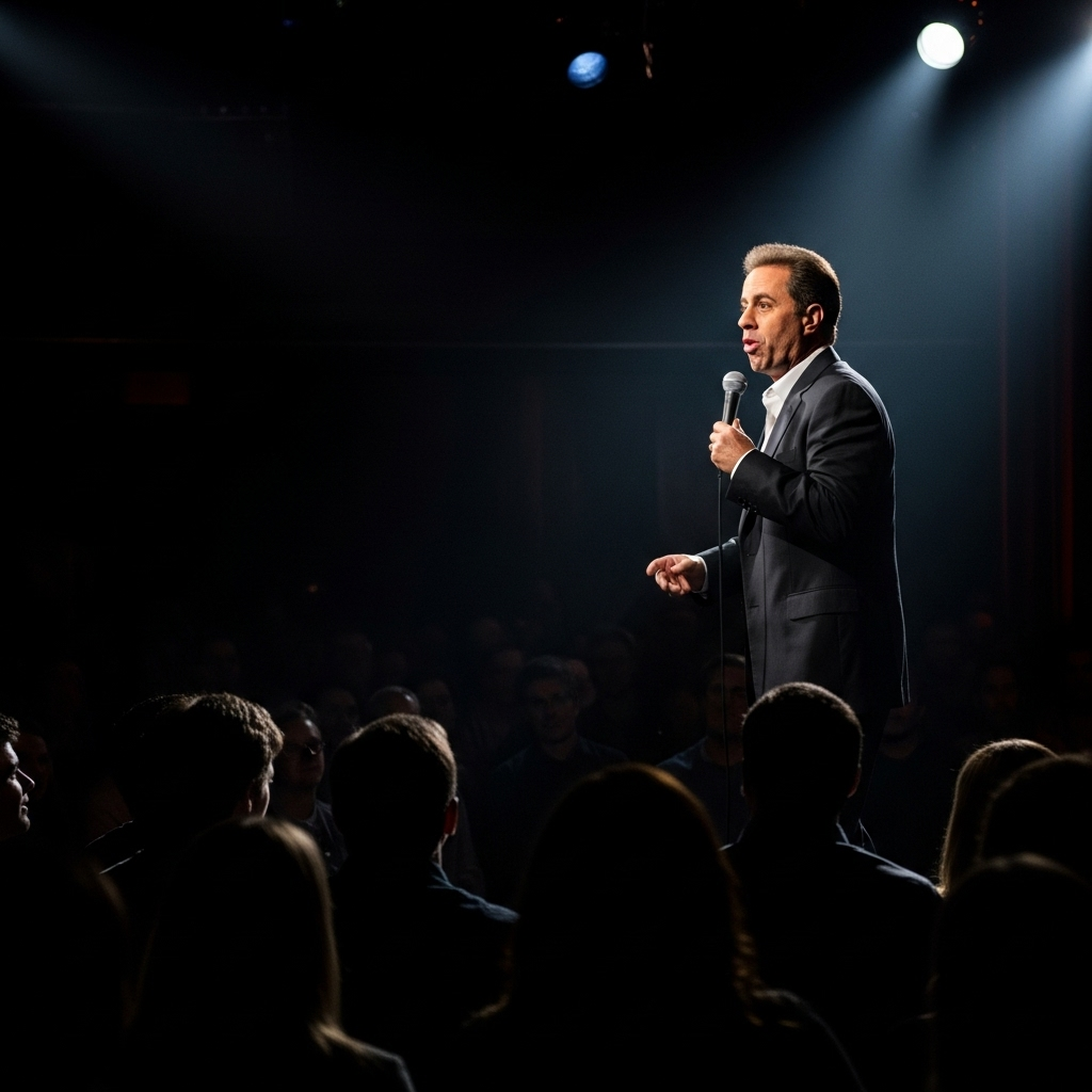 Jerry Seinfeld: 1 Fiery Take on 'Free Palestine' Movement 3 A wide shot of Jerry Seinfeld looking out over a crowd from a brightly lit stage, captured mid-sentence.