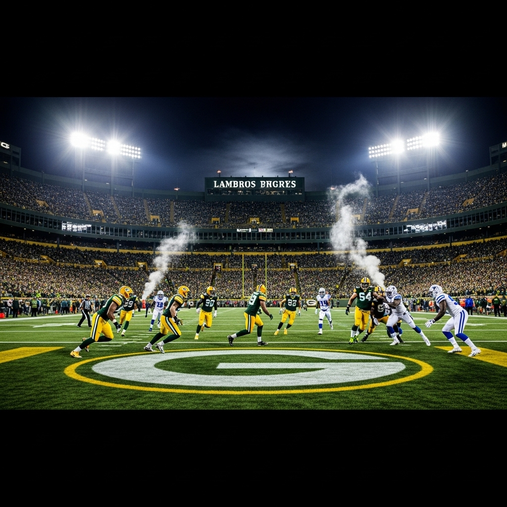 Fiery Sideline Moment: 1 Packers Player's Costly Mistake 2 A wide shot of Lambeau Field under the lights during a tense game.