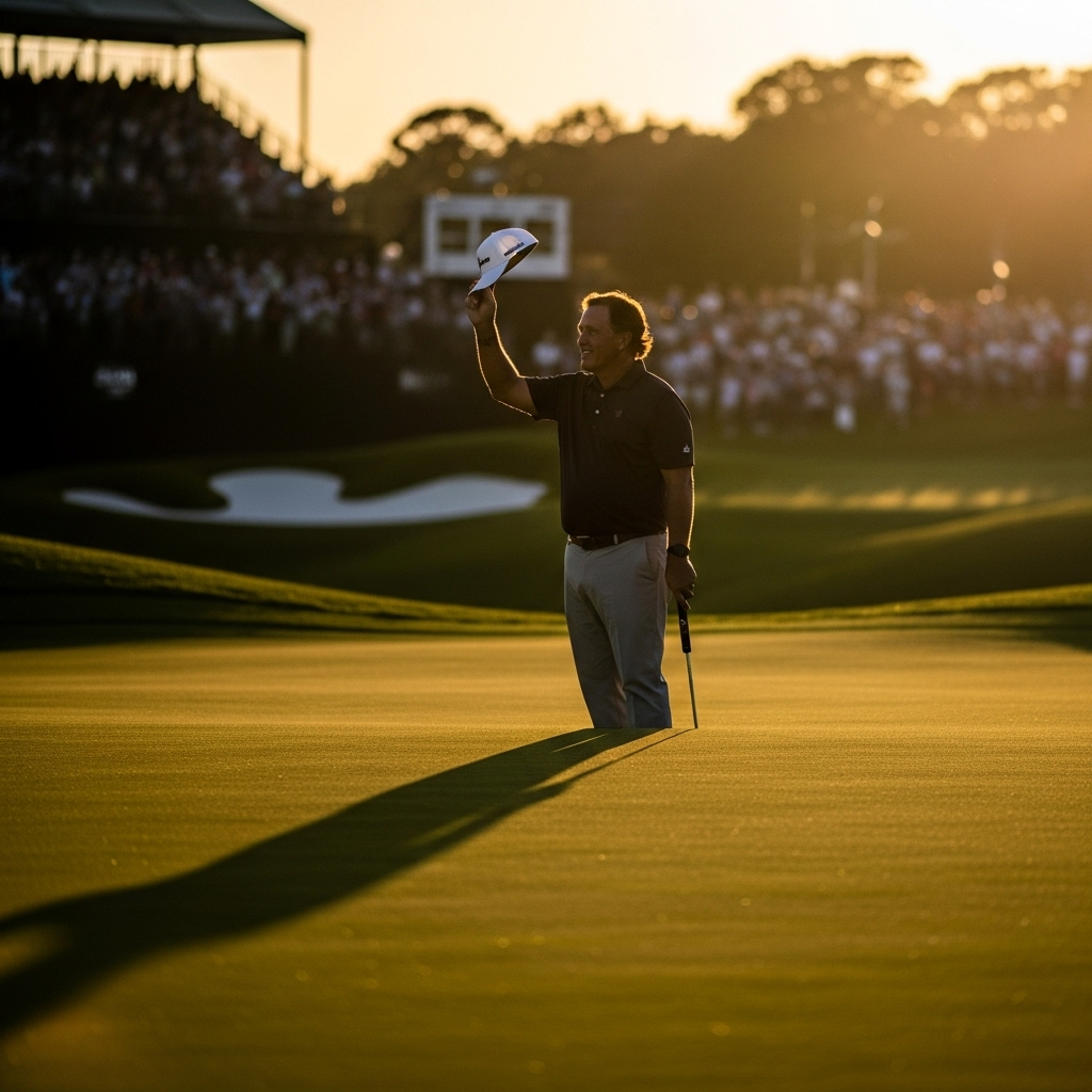 Phil Mickelson: His 1 Tweet on Kirk Has 1000s Talking 4 A wide shot of Phil Mickelson tipping his cap to the crowd during a tournament.