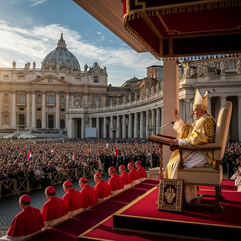 pope leo canonizes 2 new saints, including millennial 2 A wide shot of Pope Leo XVI presiding over the canonization mass in St. Peter's Square.