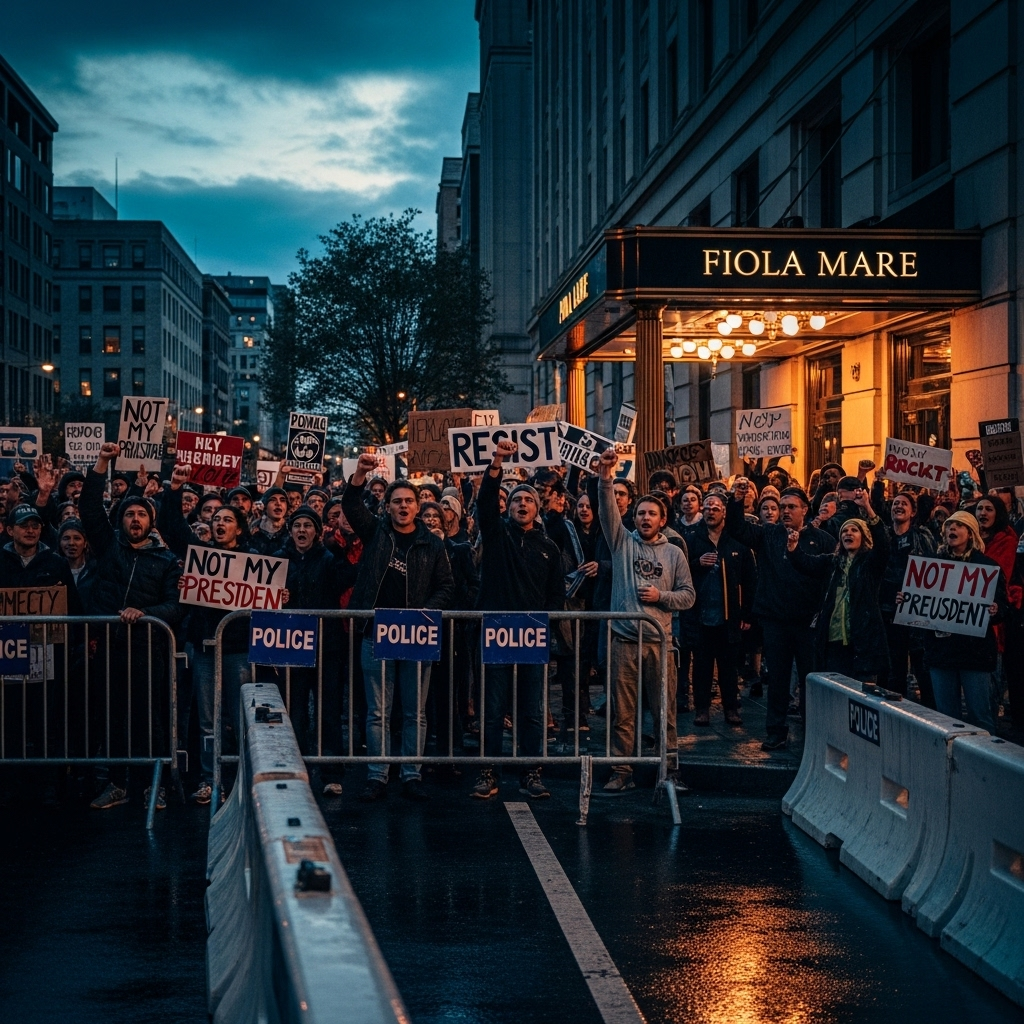 President Trump Dines in DC, Faces Down 100s of Protesters 2 A wide shot of protesters gathering outside the Fiola Mare restaurant where President Trump was dining.