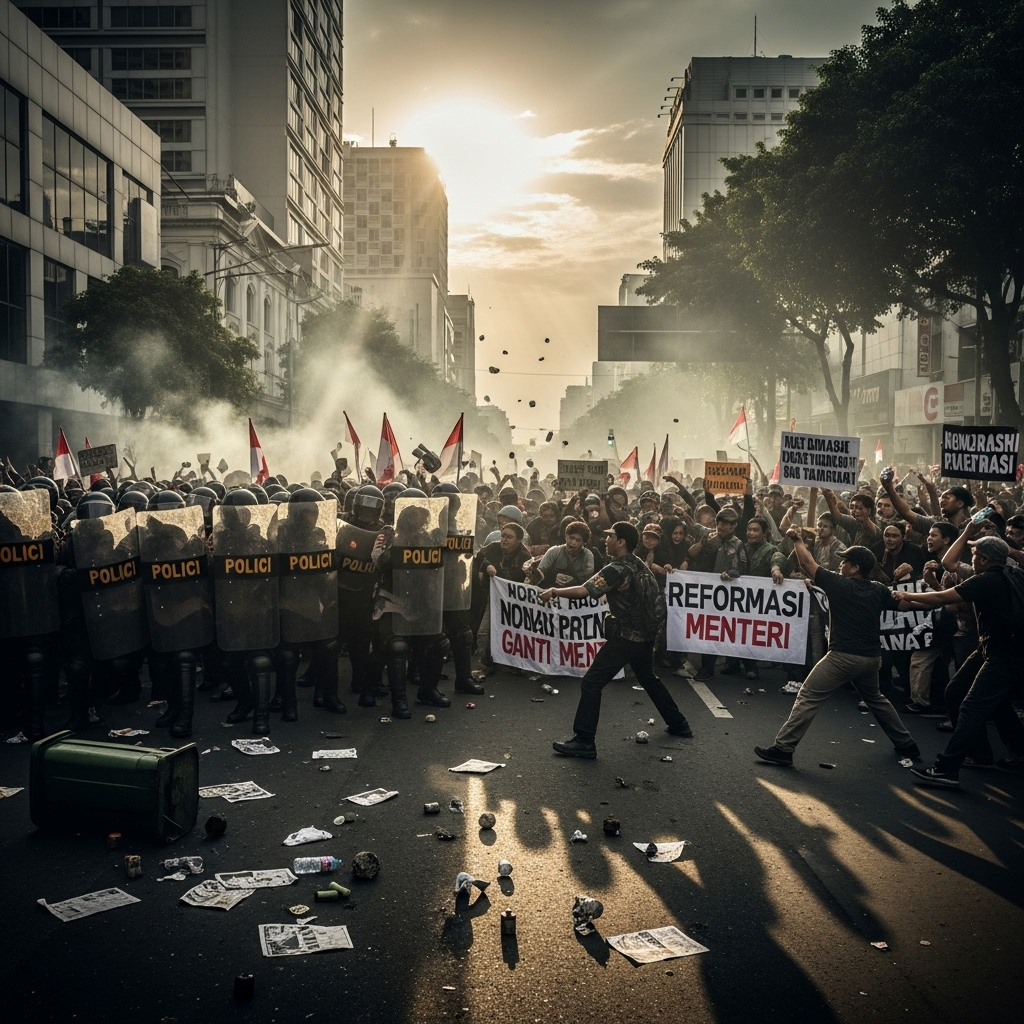 Five ministers replaced by Prabowo after deadly protests 2 A wide shot of protestors clashing with riot police in Jakarta, a pivotal event leading to the replacement of five ministers.