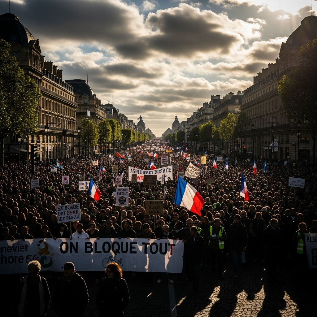 'Block Everything' protests: Over 200 arrested in France 3 A wide shot of protestors marching down a major French street during the 'block everything' protests.