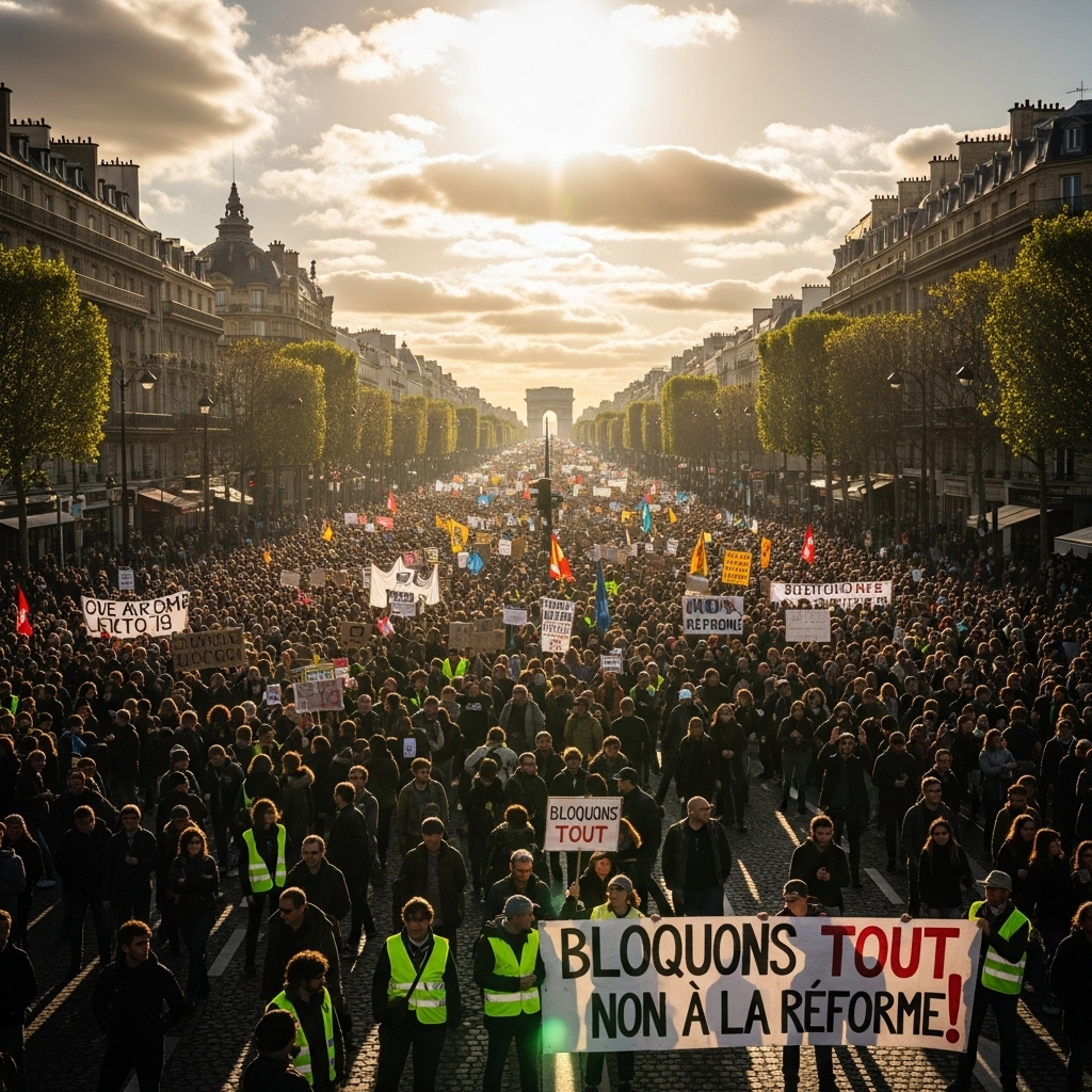 'block everything' protests: Over 100 arrested in France 2 A wide shot of the 'block everything' protests in Paris, with demonstrators holding signs and blocking a major boulevard.