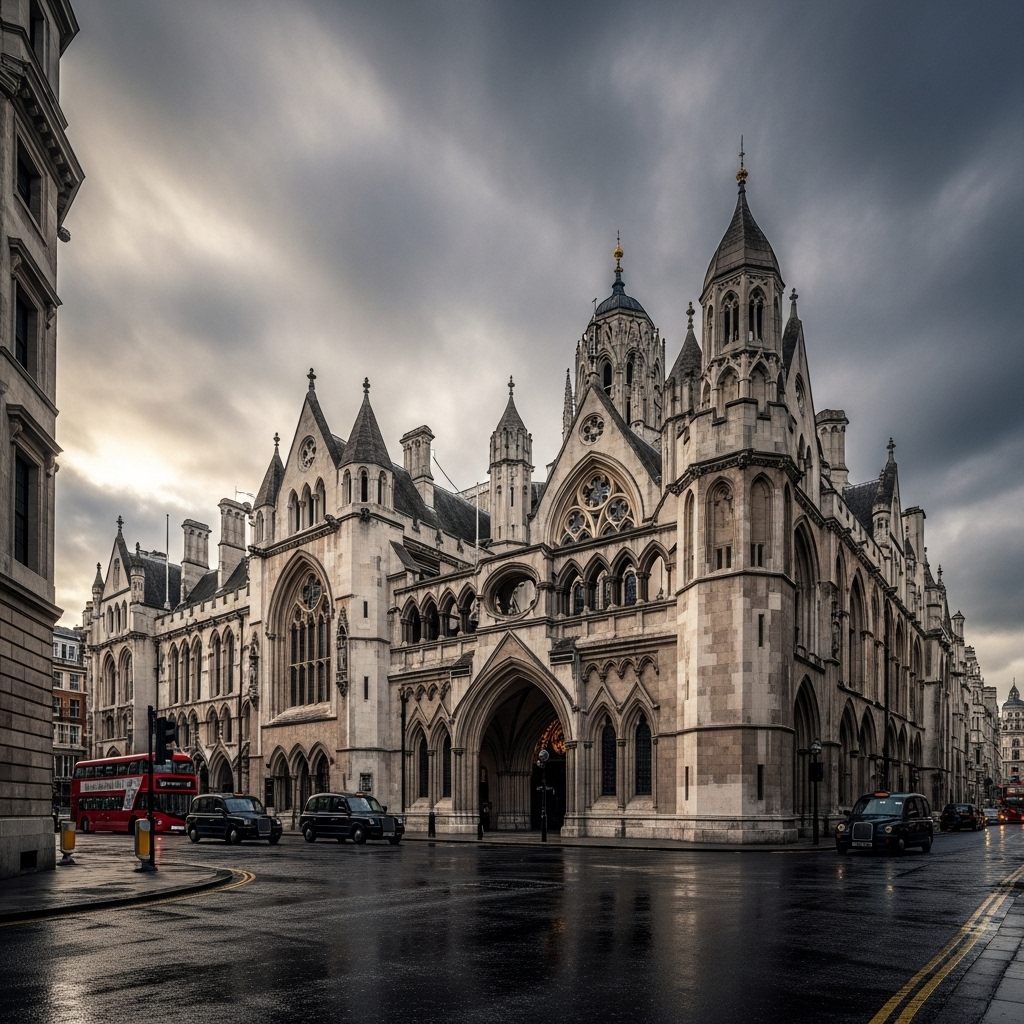london court building: 1 Banksy Mural Scrubbed by Staff 4 A wide shot of the exterior of the historic london court building under a cloudy sky.