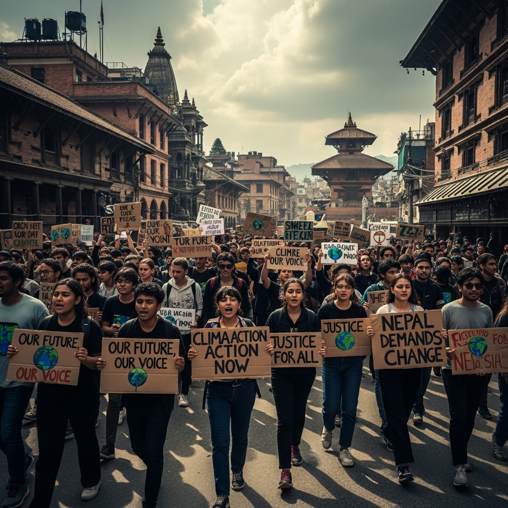 Gen Z Protests: 19 Dead in Nepal Over Corruption, Ban 2 A wide shot of the Gen Z protests in Kathmandu, showing thousands of young people marching with signs.
