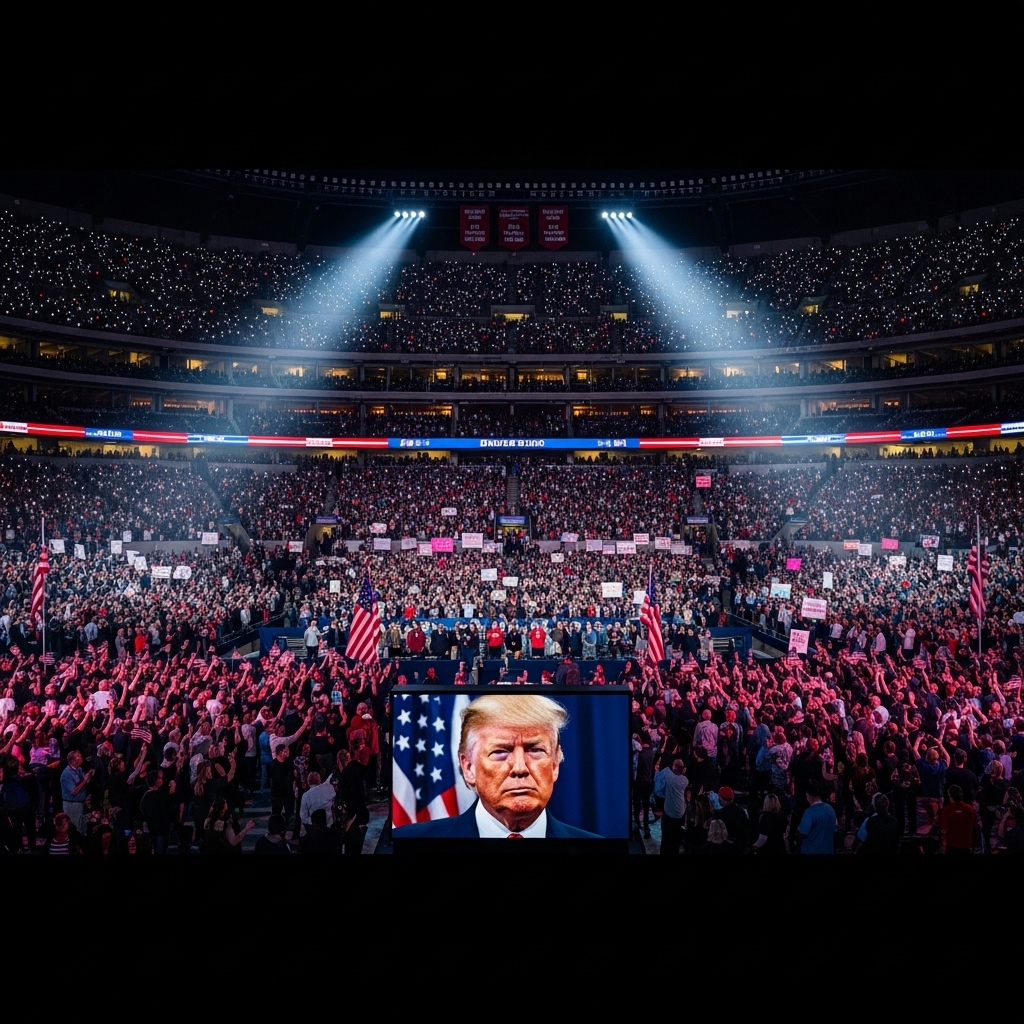Mixed reception for Trump at 2023 US Open with celebs 2 A wide shot of the stadium crowd showing a mixed reception for Donald Trump.