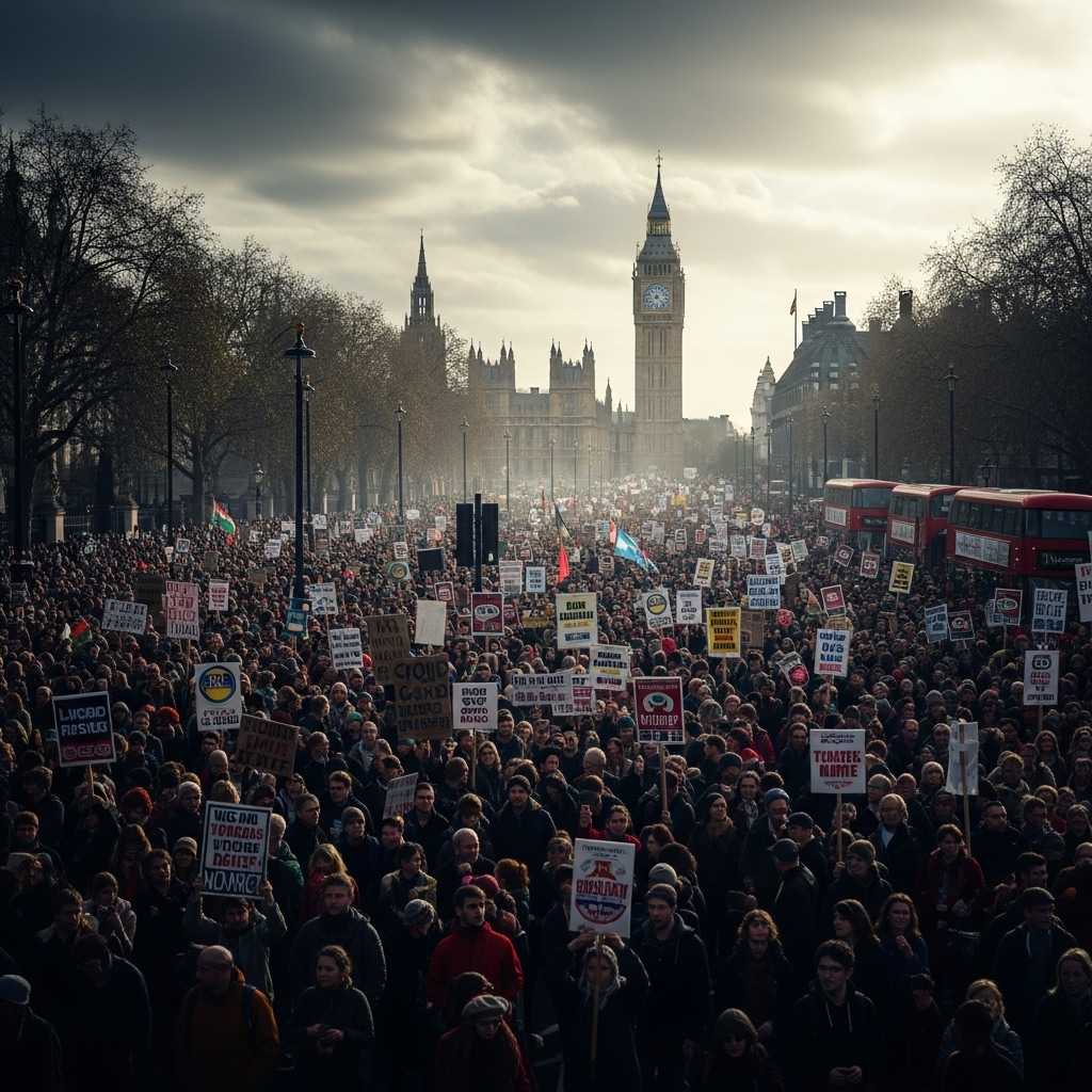 uk government response to 70K rally slammed by watchdog 2 A wide shot of thousands of protestors in London, highlighting the scale of public feeling before the uk government response.